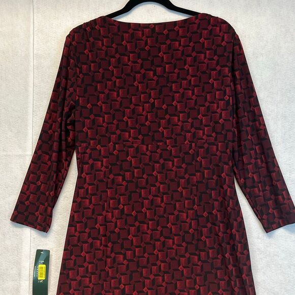 NWT LAUREN RALPH LAUREN Sheath Dress Sz 14 Red Geometric Ruched Midi 3/4 Sleeve - Picture 12 of 16